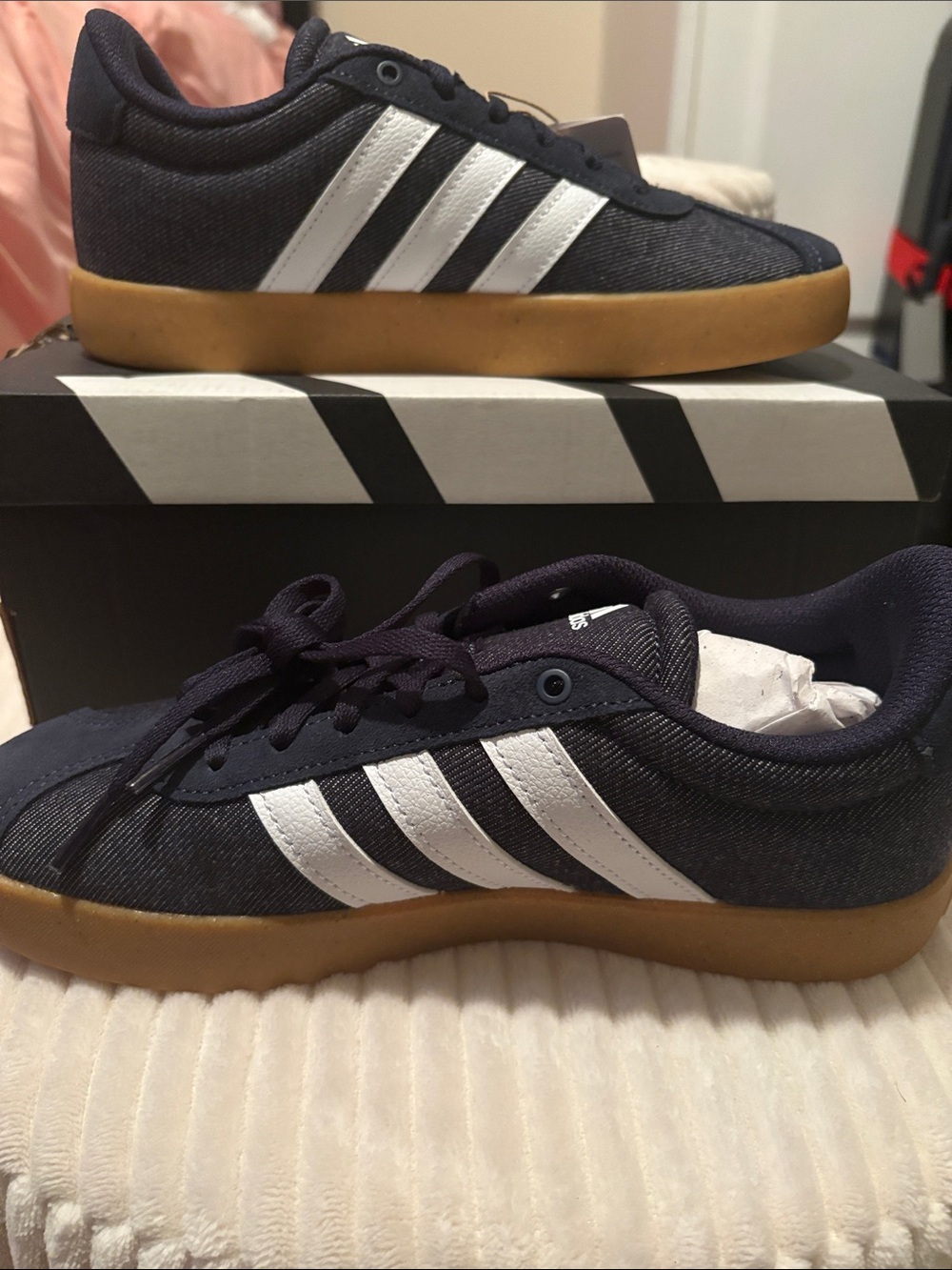 adidas Navy Denim Sneakers with White Stripes and Gum Sole